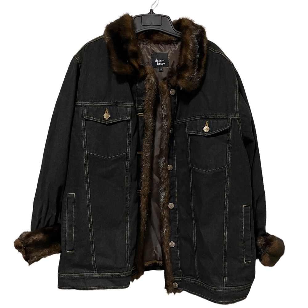 Dennis Basso Denim Jacket Faux Fur Trim with Removeable Faux Mink Vest